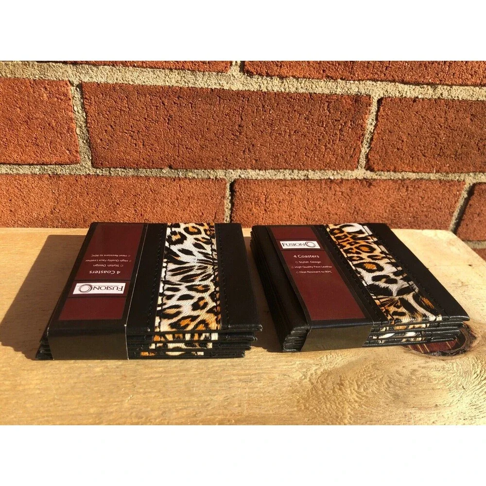 Fusion Stylish Design Coaster faux leather leopard pattern - 2 sets of 4 Pieces